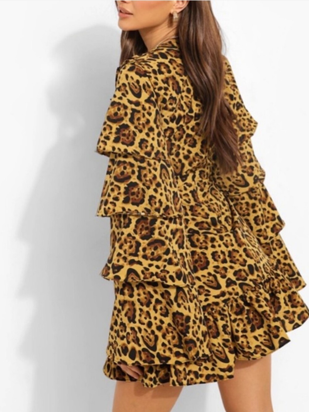 Boohoo Leopard Ruffle Tiered Long-Sleeve Mini Dress - Brown - Picture 3 of 6